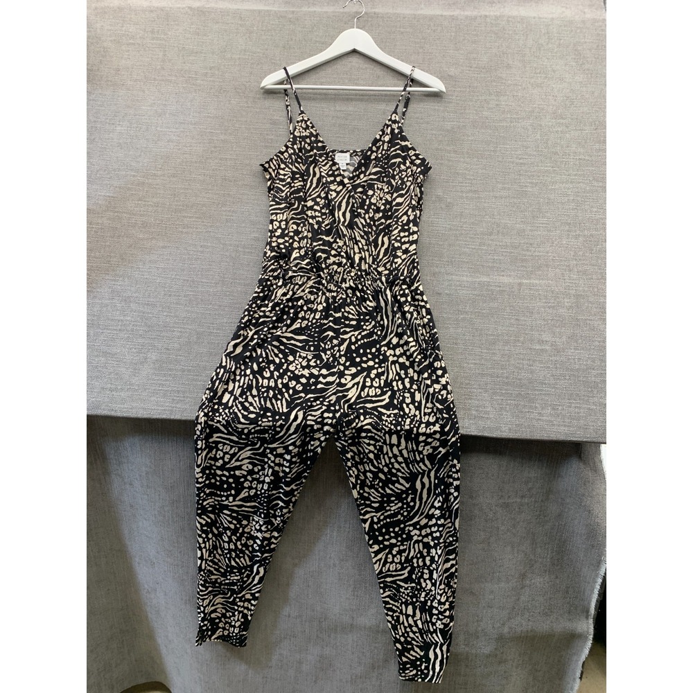 Peyton Jensen Jumpsuit Womens Medium Black Beige Animal Print Spaghetti Straps